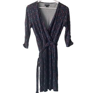 Lucky Brand Green & Red V-neck Faux Wrap Floral Knit Dress w Fabric Belt- XS